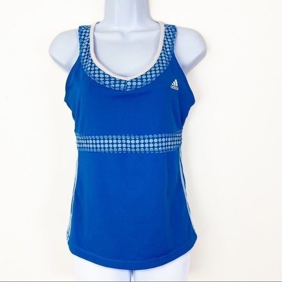 ADIDAS Blue White Dot Back Cutout Athletic Workout Tank Top Three Stripe Medium - Picture 1 of 4